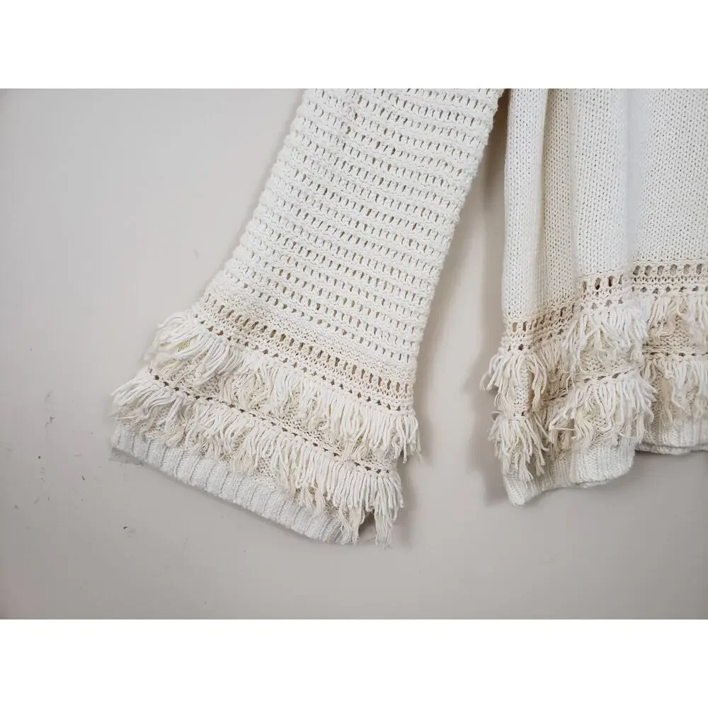 Y2K Chaser Womens Pullover Sweater Size XL Fringe Chunky Knit Ivory Boho Hippie